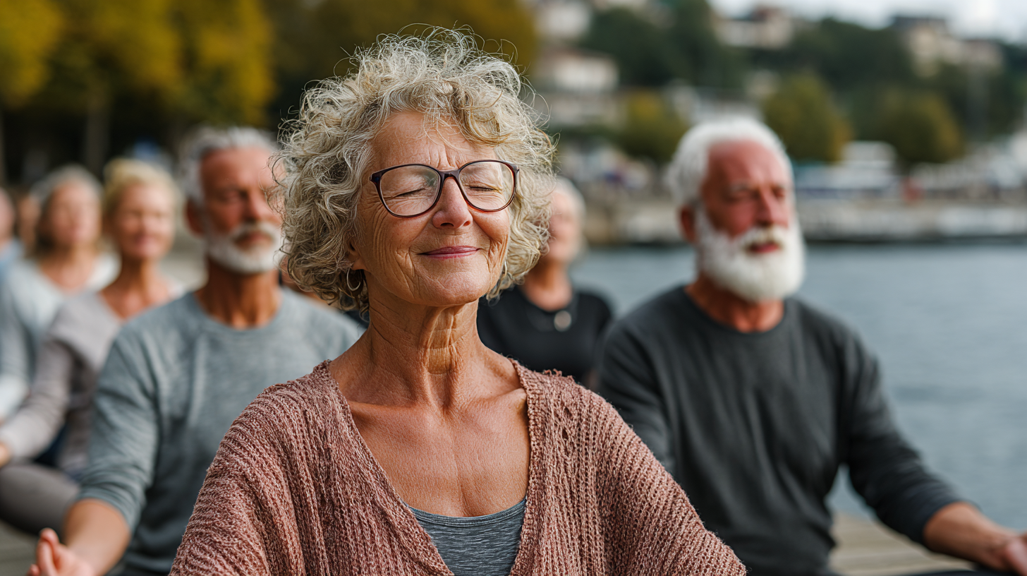 Senior practițând yoga în natură, demonstrând echilibru și pace interioară